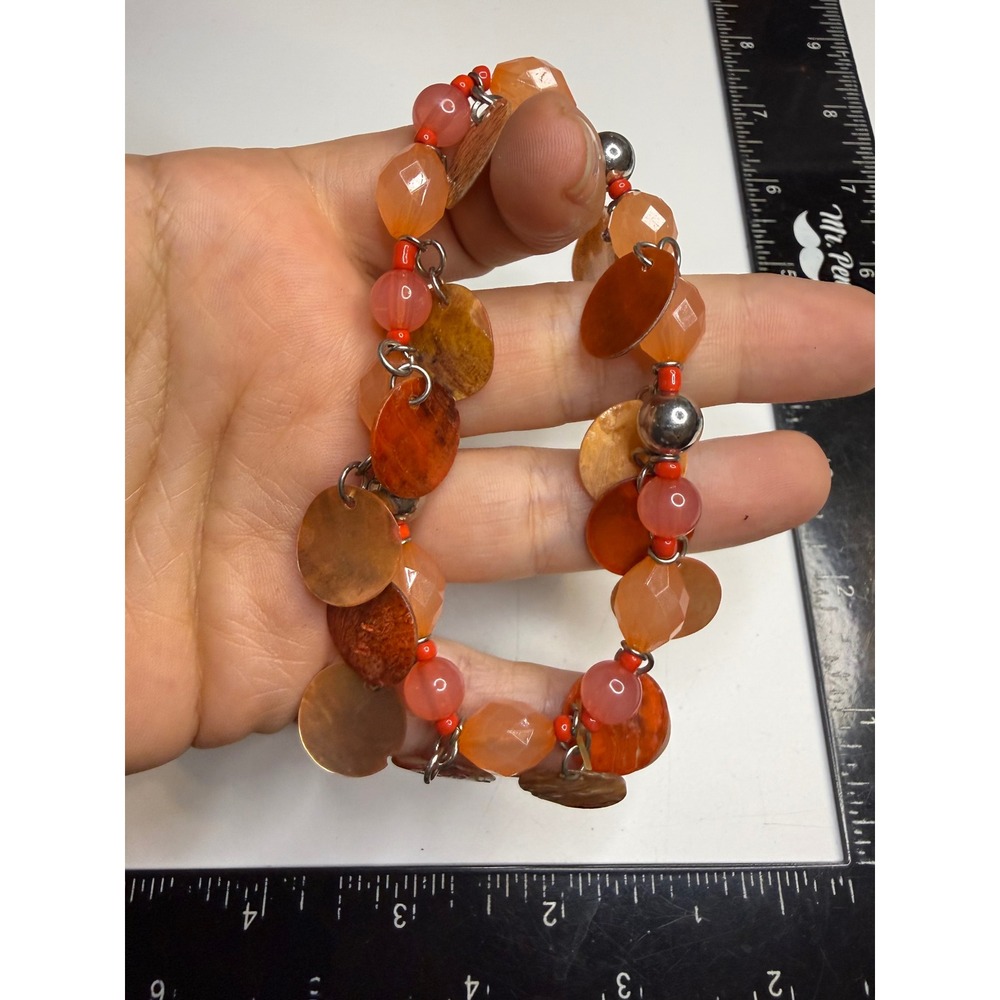 Orange Shell Charm Stretch Bracelet Peach Faceted Bead Boho Beach Jewelry